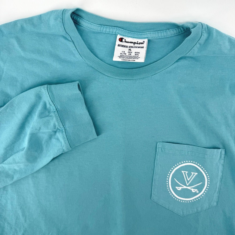 Champion UVA Cavaliers Cavs Long Sleeve T-Shirt XL Teal Floral Graphic Pocket